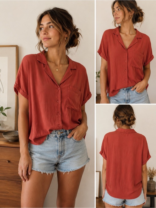Aritzia Tops - Aritzia Rust Red Button-Down Short Sleeve Shirt